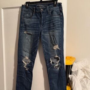 American Eagle Outfitters Women's Dark Blue Ripped Skinny Jeans